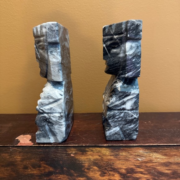 Carved Black and Grey Onyx Stone‎ Aztec Tiki Heavy Bookends - Picture 8 of 11